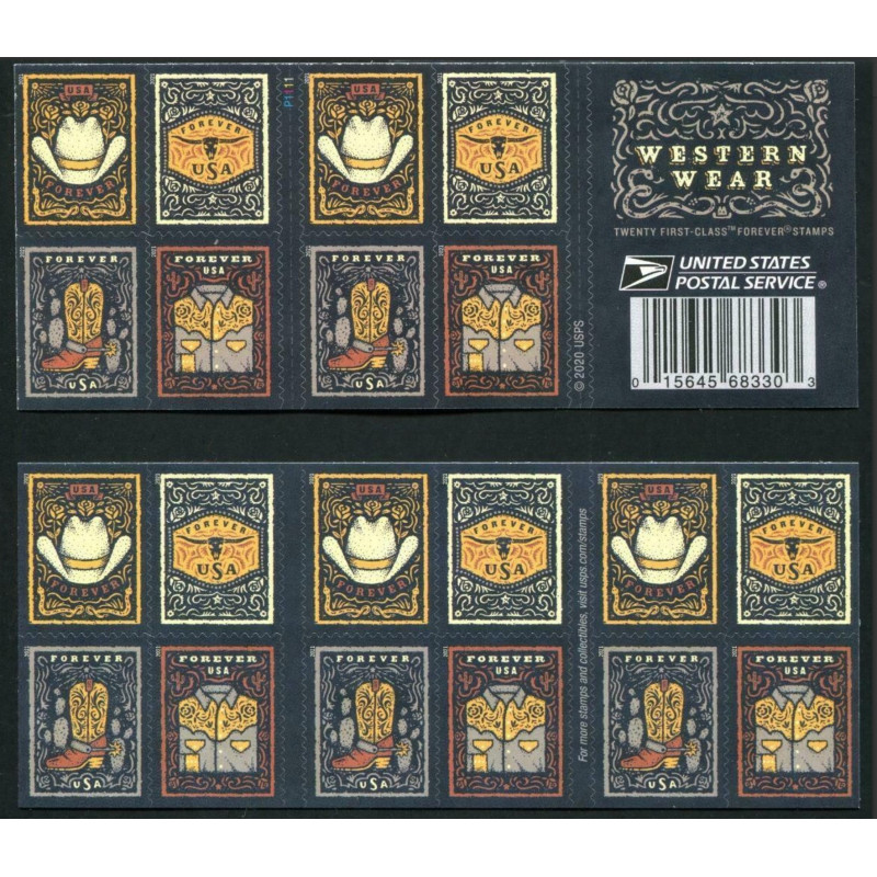 Western Wear Forever Stamps Book of 20 USPS First Class Postage Stamps Booklet
